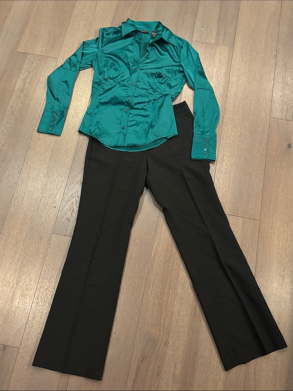 New York & Company Silky Blouse with Black Boot-Cut Pants